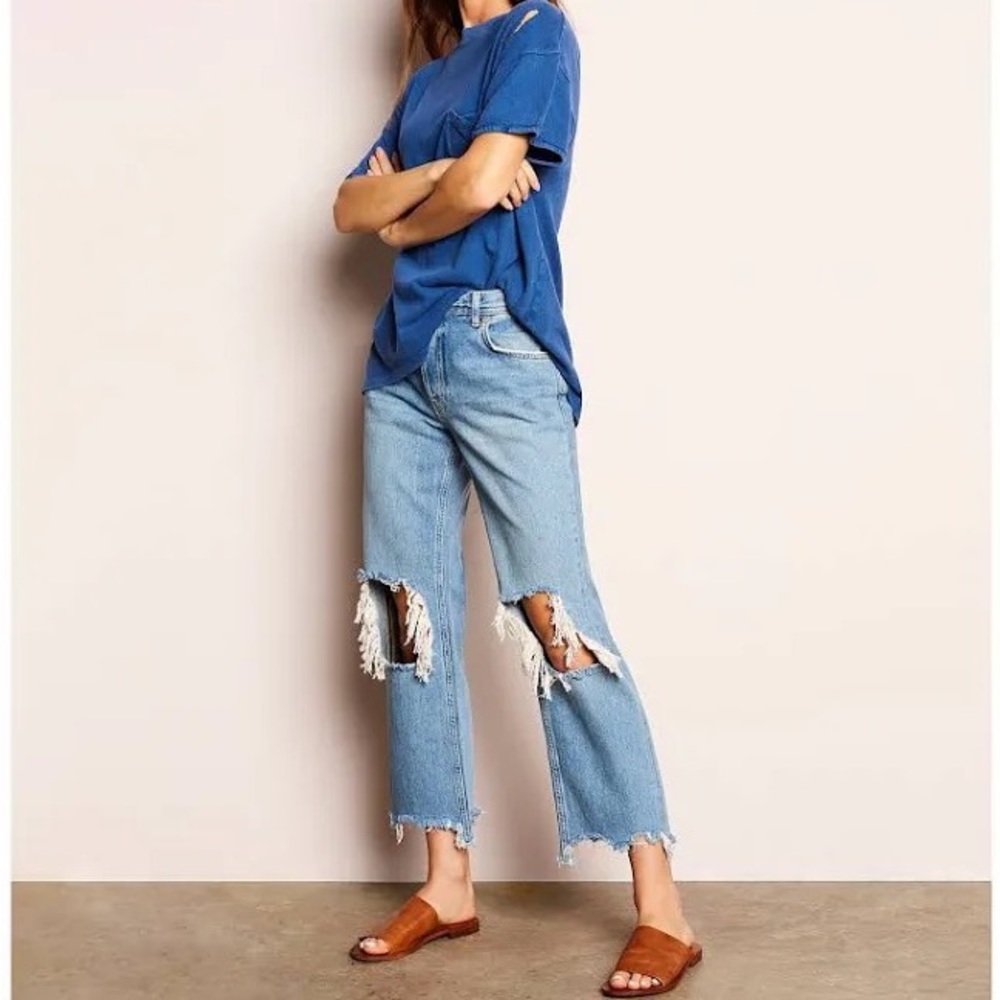 Free People Blue Distressed Ankle Jeans